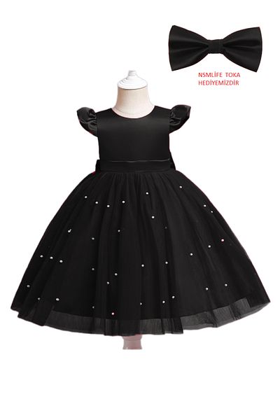 MadyaButik Girl's Black Dress Buckle Gift Skirt Pearl Dress