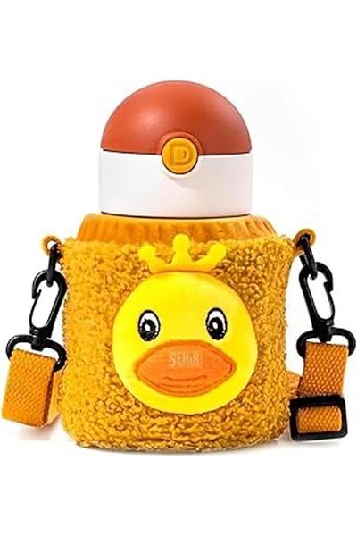 DILLER 300ml Cute Animals Plush Case Neck Strap Steel Thermos Children's Water Bottle (Duck)