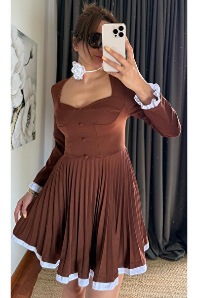 Daves Πλισέ Κρεπ Κοντό Φόρεμα-Καφέ