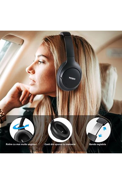 Smart Vibe Casti Wireless Over-Ear TOZO® H10 Adaptive Hybrid Active Noise Cancelling, Hi-Res Audio, Black