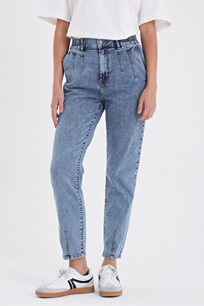 VENA Norah Med Blue Frayed Jean Trousers with Elastic Waist - Med Blue