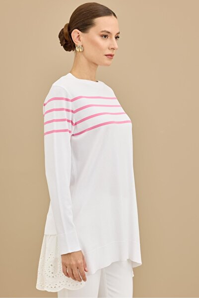 Tığ Triko Arkası Güpür Çizgili Rayon Tunik EKRU