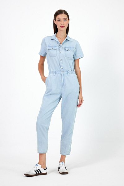 VENA Women's Norah Sky Blue Short Sleeve Jean Jumpsuit