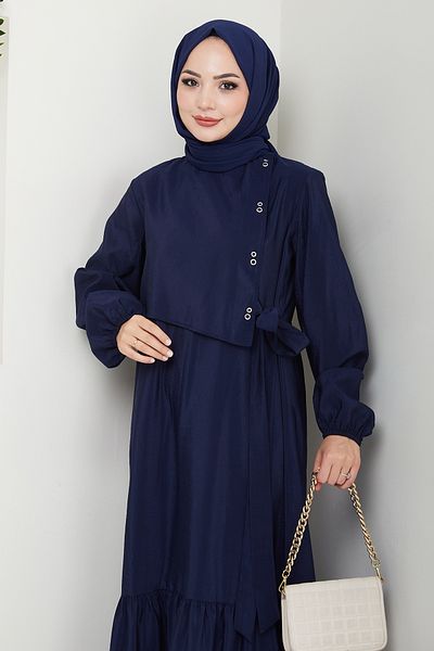 InStyle Φόρεμα Modal Navy Blue με λεπτομέρεια Bird's Eye