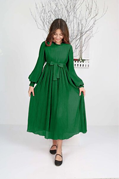 FMN Butik Girls' Long Length Pleated Chiffon Dress Suitable for Hijab