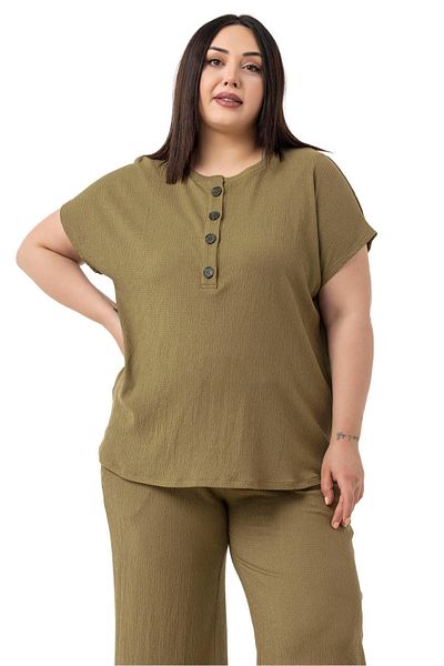 DISENTIS MODEST Plus Size Low Sleeve Blouse Pants Khaki Two-Piece Suit