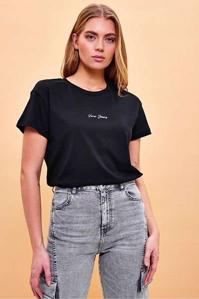 VENA Tricou negru cu imprimeu cu logo Mini Vena pentru femei, cu croiala normală