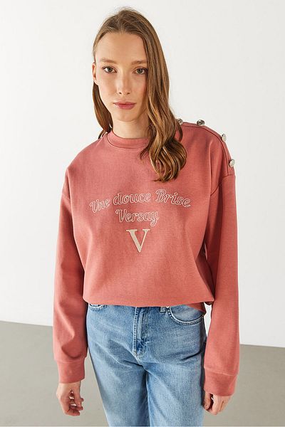 VENA Embroidered Sweatshirt with Shoulder Button Detail - Gülkurusu