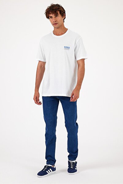VENA Men's White Logo Printed Vena Embossed T-Shirt - Crew Neck