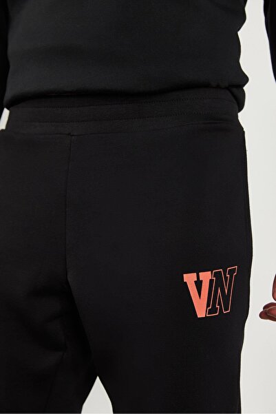 VENA Men's Black Logo Printed Sweatpants with Elastic Legs