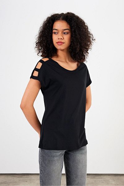 VENA Tricou de damă Elsa, negru, cu gât crew și pe umeri, modal (Lyocell)