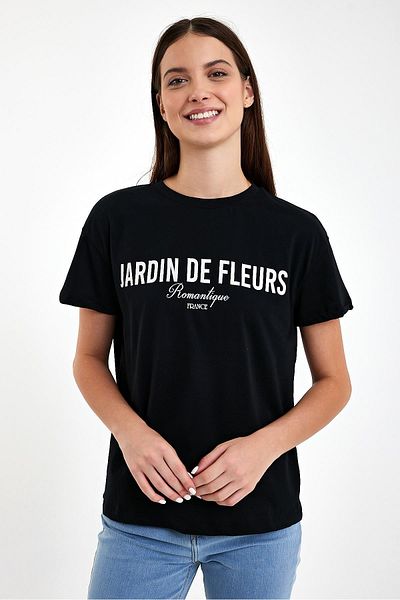 VENA Tricou pentru damă negru cu imprimeu Jardin - Gât crew