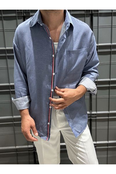 King Brothers Βαμβακερό καλοκαιρινό λεπτό ύφασμα ριγέ Oversize ανδρικό πουκάμισο με τσέπες μπλε