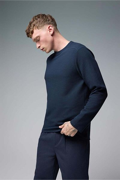 VENA Ανδρικό φούτερ με λαιμόκοψη Navy Blue Regular Fit με υφή βάφλα