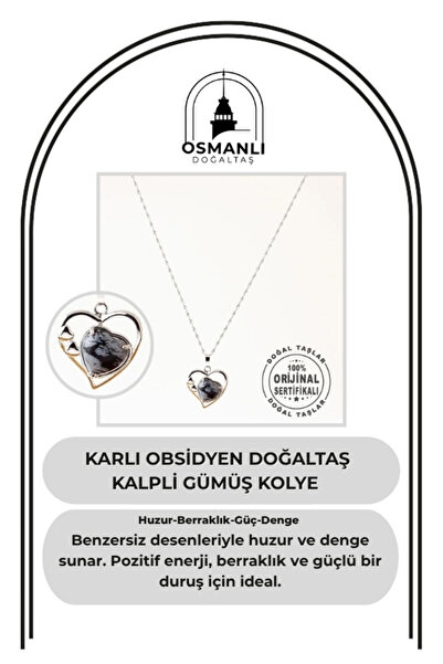OSMANLI DOĞAL TAŞ Sertifikalı Karlı Obsidyen Doğaltaş Kalpli Kolye Ucu, Gümüş...