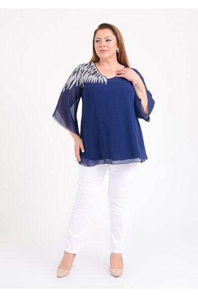 günay boutıque Large Size One Shoulder Stone Embroidered Blouse - Navy