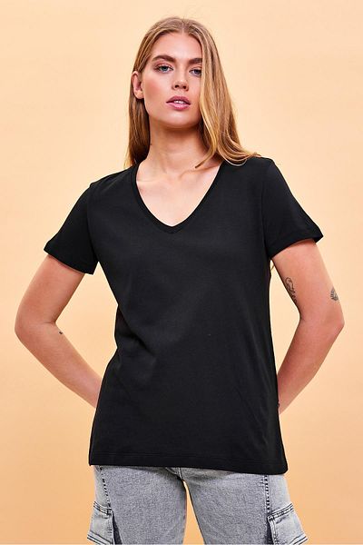 VENA Tricou modal pentru femei Boyfriend, negru, cu decolteu în V, cu croiala normală (LYOCELL)