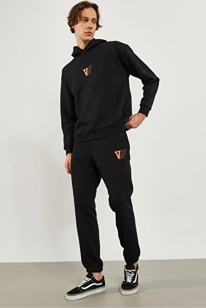 VENA Men's Black Logo Printed Sweatpants with Elastic Legs