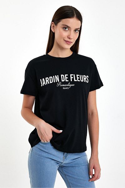 VENA Tricou pentru damă negru cu imprimeu Jardin - Gât crew