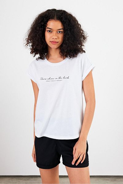 VENA Γυναικείο μπλουζάκι Shine White Crew Neck με στάμπα κανονική εφαρμογή