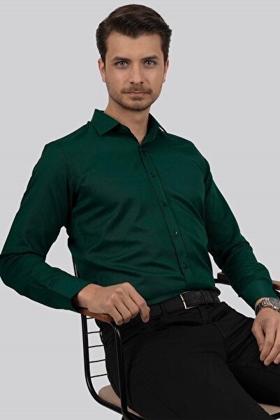 Etikmen Ανδρικό πουκάμισο με πράσινο τετράγωνο κουμπί Henna Slimfit Gift Boxed