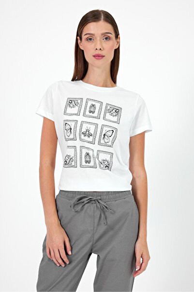 VENA White Butterfly Printed Women's T-shirt - Crew Neck, Regular Fit