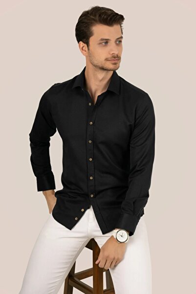 Etikmen Ανδρικό πουκάμισο με κουμπιά μαύρου καφέ Slimfit σε συσκευασία δώρου