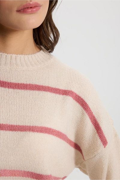 VENA Women's Anita Bone-Pink Striped Crew Neck Knitwear Sweater