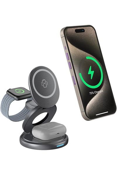 Glassology 3 In 1 Foldable Magsafe Wireless Charger 15w Fast Charging For Apple Grey