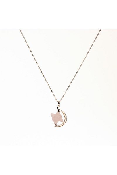 OSMANLI DOĞAL TAŞ Certified Pink Quartz Natural Stone Star Pendant with Silver Chain Ku022