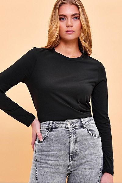 VENA Tricou de bază Gloria negru cu decolteu obișnuit pentru damă