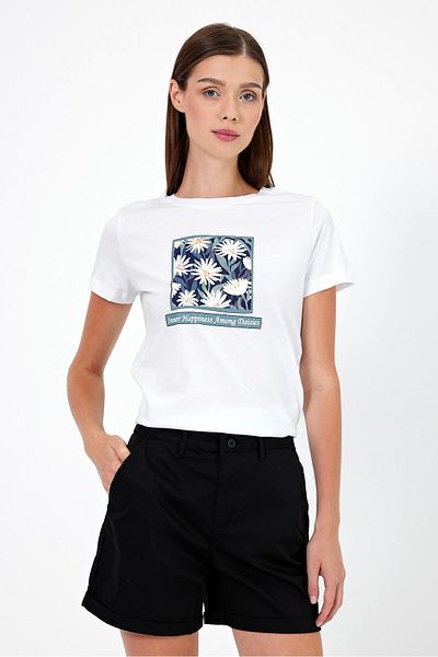 VENA Tricou de damă cu imprimeu alb - Potrivire obișnuită, decolteu