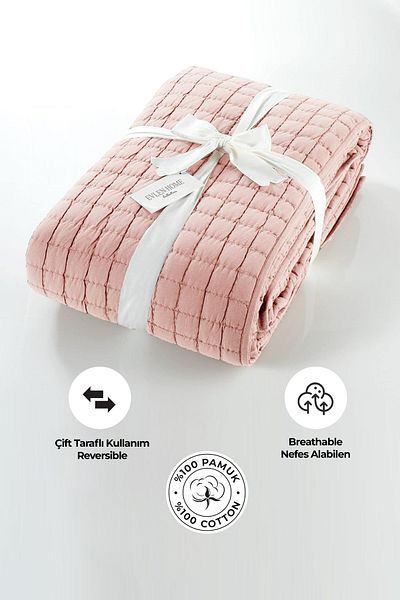 Evlen Home Collection 100% Cotton Double Bedspread Set Stone Washed 3 Piece Fiber Filled Soft Joy Powder