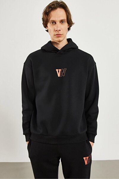 VENA Чоловічий худі з капюшоном і логотипом, чорний, оверсайз, з шардом