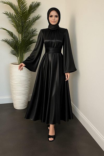 Modafeminen Spanish Sleeve Waist Wrapped Satin Evening Dress Black 583163