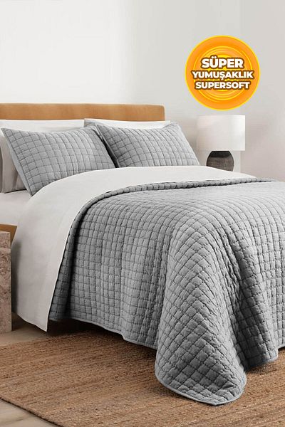 Evlen Home Collection 100% Cotton Double Bedspread Set Stone Washed 3 Piece Fiber Filled Soft Joy Gray