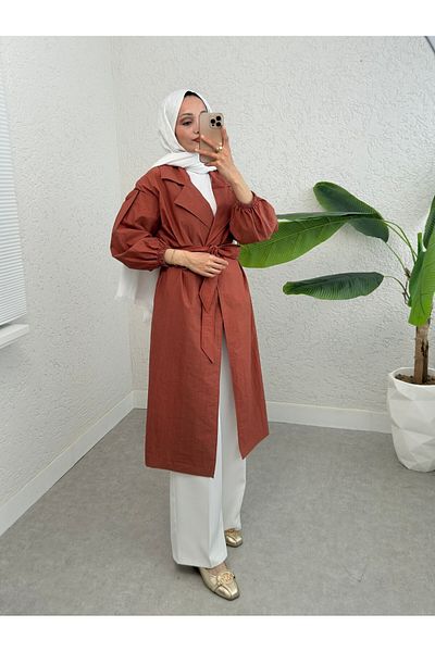 Modamorfo Fliesenfarbener Trenchcoat mit elastischen Ärmeln und Gürtelfutter