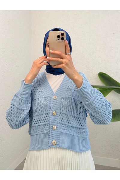 Modamorfo Baby Blue Openwork Knitwear Cardigan - Buttoned