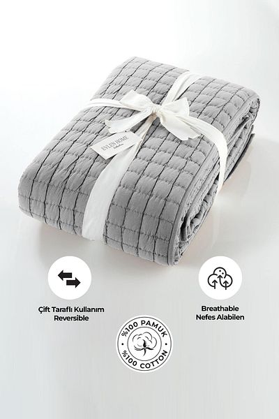 Evlen Home Collection 100% Cotton Double Bedspread Set Stone Washed 3 Piece Fiber Filled Soft Joy Gray