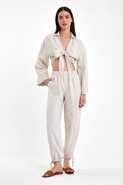 VENA Lionel Cream Linen Shirt - Front Tie