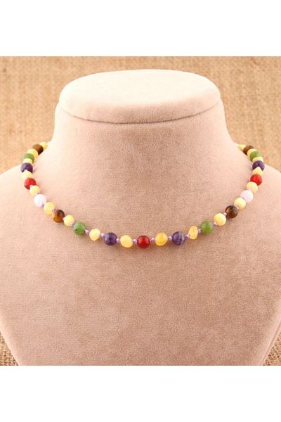 OSMANLI DOĞAL TAŞ Certified Natural Stone Baby Necklace - Amber, jade, tiger eye, amethyst, pink Quartz