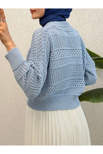 Modamorfo Baby Blue Openwork Knitwear Cardigan - Buttoned