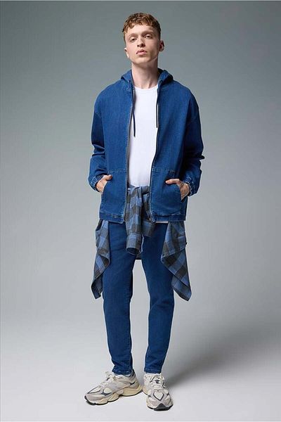 VENA Ανδρικό Jean Jacket με κουκούλα David Dark Blue με φερμουάρ μπροστά