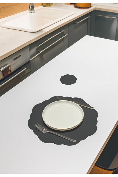ASDİVA Ellipse Faux Leather Wave Cut American Service Supla 4 Piece Placemats for 2 People - Anthracite