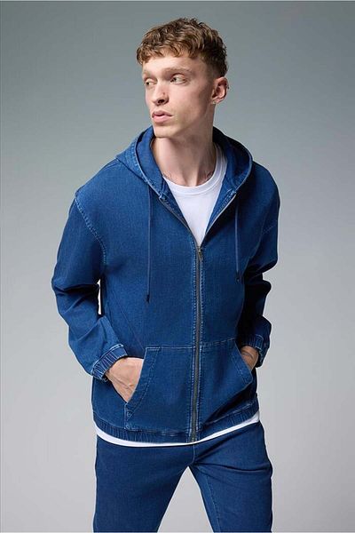 VENA Ανδρικό Jean Jacket με κουκούλα David Dark Blue με φερμουάρ μπροστά