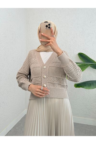 Modamorfo Openwork Mink Knitwear Cardigan - Buttoned