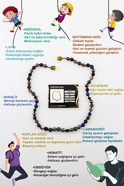 OSMANLI DOĞAL TAŞ Erkek Öğrenci Kolye- Lapis, Sodalit, Kehribar, Labradorit, ...