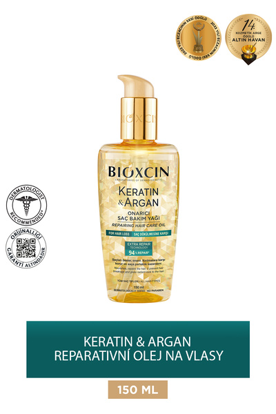 Bioxcin Ošetrujúci olej na vlasy s keratínom a arganom pre poškodené a poškodené vlasy 150 ml