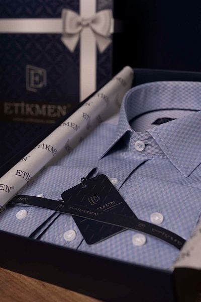 Etikmen Μπλε Slimfit πουκάμισο με διαμάντι με μοτίβο και κουτί δώρου