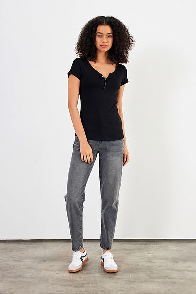 VENA Tricou mulat cu nasturi Matilda - negru